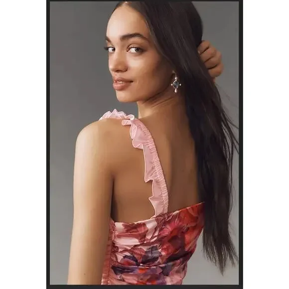 BHLDN Callie Sleeveless Ruched Printed Charmeuse Midi Dress Size US M - Picture 3 of 9